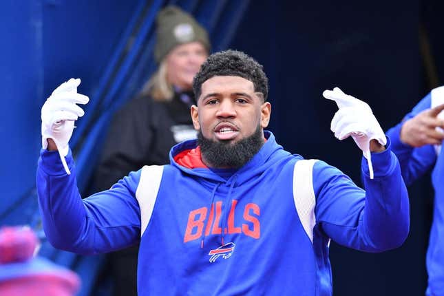 Jan 15, 2023; Orchard Park, NY, USA; Buffalo Bills defensive tackle Ed Oliver warms up before playing against the Miami Dolphins in a NFL wild card game at Highmark Stadium.