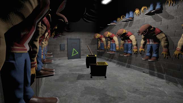 A screenshot shows a room filled with large puppets.