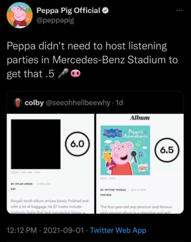 Imagen para el artículo titulado Peppa Pig trolea a Kanye West después de que su nuevo disco tenga mejor nota que Donda en Pitchfork