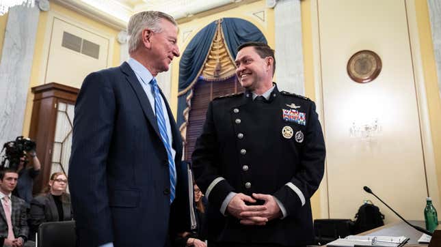 WASHINGTON, DC - MARCH 14: (L-R) Sen. Tommy Tuberville (R-AL) talks with Chief of Space Operations at U.S. Space Force General B. Chance Saltzman during a Senate Armed Services Strategic Forces Subcommittee hearing on Capitol Hill March 14, 2023 in Washington, DC. The hearing focused on the U.S. Space Force Programs in review of the fiscal year 2024 defense authorization request. (Photo by Drew Angerer/Getty Images)