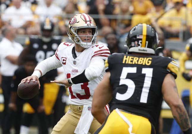 Sep 10, 2023; Pittsburgh, Pennsylvania, USA;  San Francisco 49ers quarterback Brock Purdy (13) passes against the Pittsburgh Steelers during the first quarter at Acrisure Stadium.