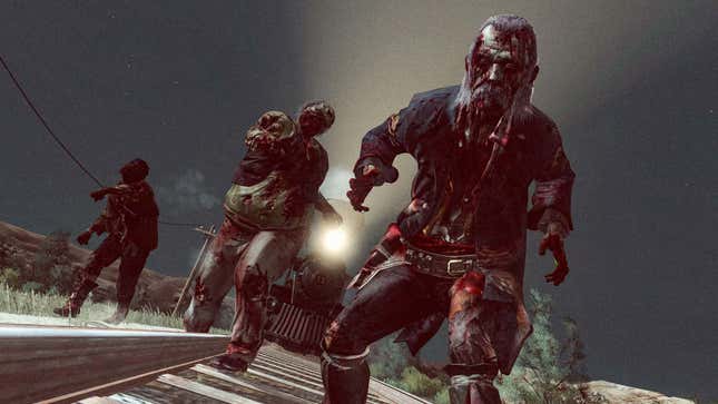 A screenshot shows zombies in front of a train in Undead Nightmare. 