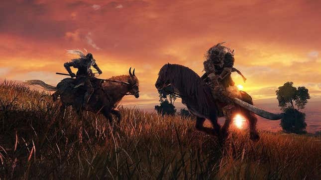 Two Elden Ring warriors fight on horseback in front of the sunset. 