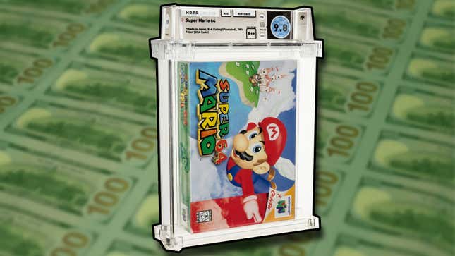 A copy of Mario 64 floating in front of a lot of money. 