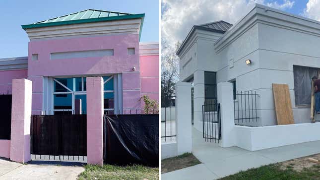 Left: Mississippi’s shuttered abortion clinic aka the Pink House with pink paint. Right: The building has now been painted white and is set to re-open as a luxury consignment store.
