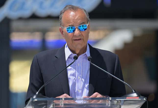 Jun 18, 2022; Los Angeles, CA, USA;  Joe Torre, Special Assistant to the Commissioner, MLB, speaks during the unveiling ceremony of a brand new Koufax commemorative statue at the Centerfield Plaza at Dodger Stadium.