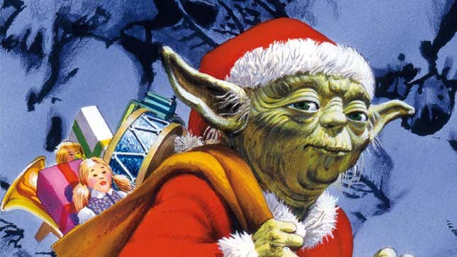 Yoda, dressed in a Santa outfit, carries a bag of toys over his shoulder across a snowy landscape.