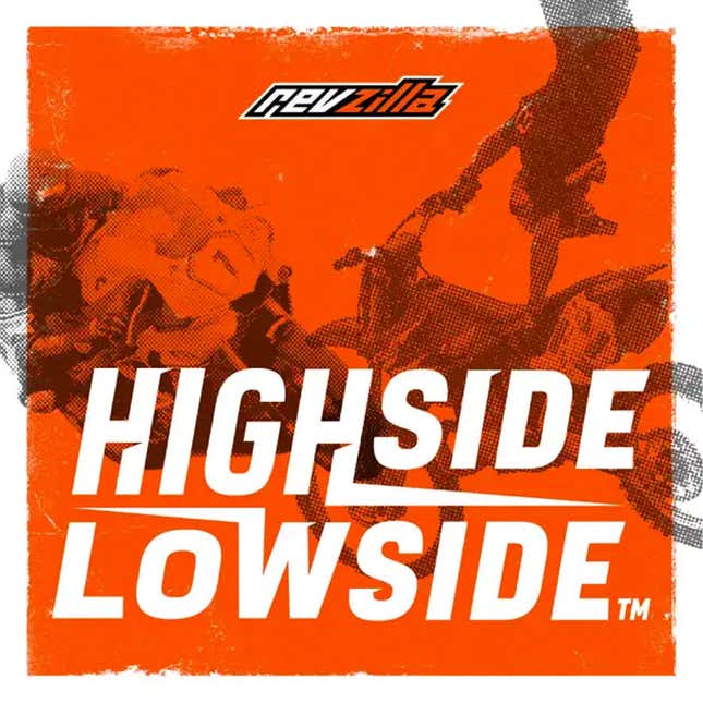 The orange Highside/Lowside podcast artwork featuring jumping motorbikes. 