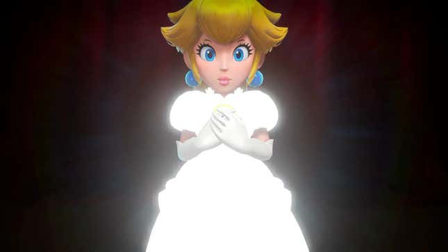Princess Peach clutches her hands to her chest.