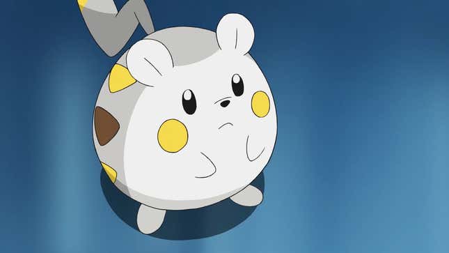 Togedemaru is seen frowning on a blue floor.