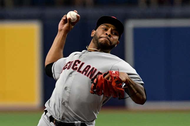 Aug 11, 2023; St. Petersburg, Florida, USA; Cleveland Guardians pitcher Xzavion Curry (44) throws a pitch in the first inning against the Tampa Bay Rays at Tropicana Field.