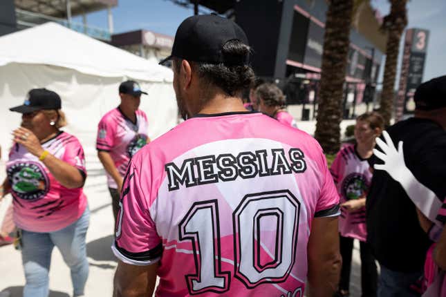 Supporters of Argentinian soccer player Leo Messi gather outside the Inter Miami DRV Pnk Stadium, in Fort Lauderdale, Florida, U.S., July 11, 2023.