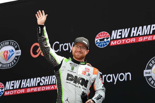 Jul 17, 2023; Loudon, New Hampshire, USA; NASCAR Cup Series driver Tyler Reddick (45) is introduced before the start of  the Crayon 301 at New Hampshire Motor Speedway.