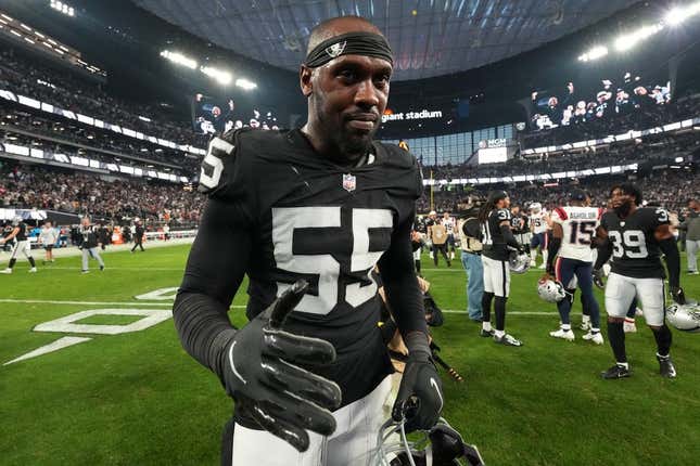 Dec 18, 2022; Paradise, Nevada, USA; Las Vegas Raiders defensive end Chandler Jones (55) celebrates after the game against the New England Patriots at Allegiant Stadium. The Raiders defeated the Patriots 30-24.