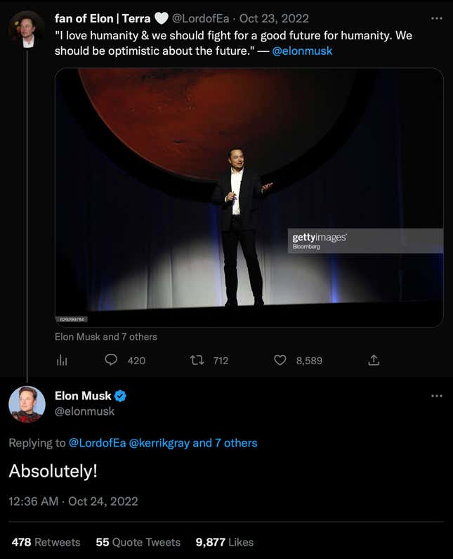 A screenshot of Elon responding to a quote he made about loving humanity.