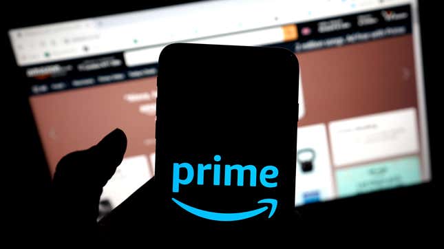 A phone with the Amazon Prime logo is shown with Amazon.com's storefront in the background.