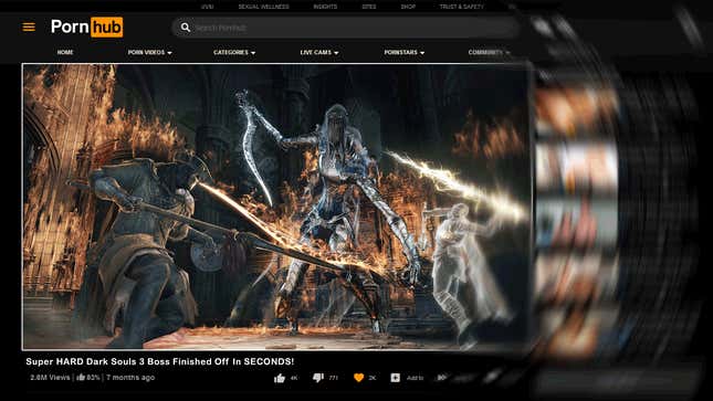 A screenshot of a typical Pornhub video page, with a Dark Souls 3 image Photoshopped place of a pornographic one. The title of the video reads "Super HARD Dark Souls 3 Boss Finished Off in SECONDS!"