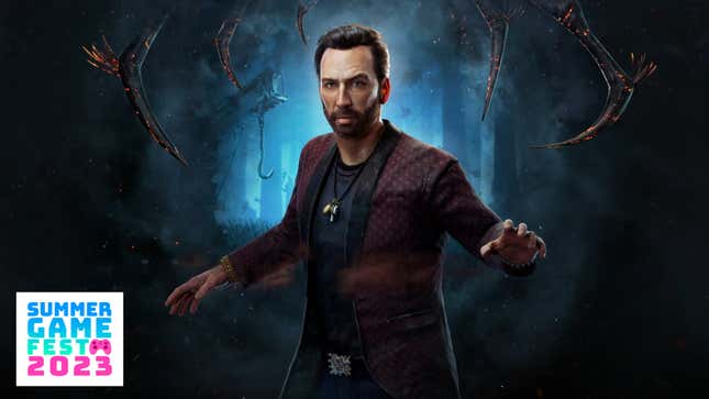 Nicolas Cage stands under a monster in Dead by Daylight.
