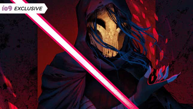 A painting of a red-lightsaber wielding masked woman, wearing a cloak over her long dark hair.