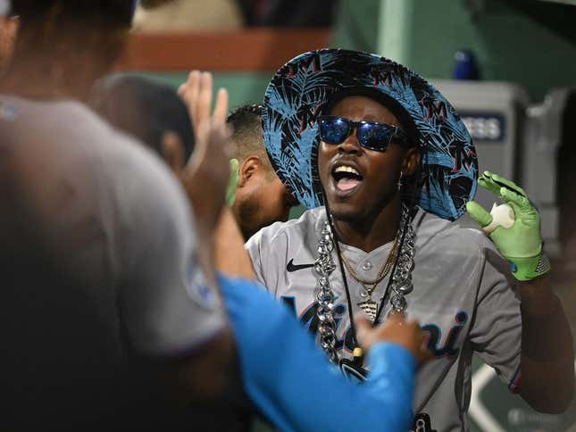 Jun 28, 2023; Boston, Massachusetts, USA; Miami Marlins center fielder Jazz Chisholm Jr. (2) celebrates after hitting a home run against the Boston Red Sox during the seventh inning at Fenway Park.
