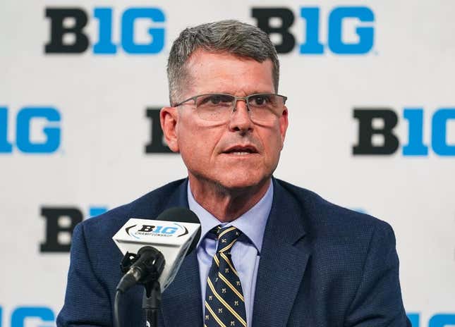 Jul 27, 2023; Indianapolis, IN, USA; Michigan Wolverines head coach Jim Harbaugh speaks to the media during the Big 10 football media day at Lucas Oil Stadium.