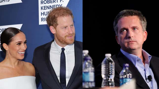Left: Meghan and Harry, Duchess and Duke Of Sussex (Photo: Mike Coppola/Getty Images for 2022 Robert F. Kennedy Human Rights Ripple of Hope Gala), Right: Bill Simmons (Photo: Amy Sussman/Getty Images the New Yorker)
