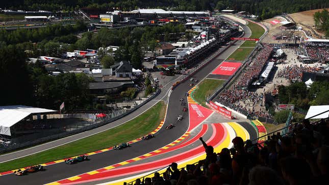 A photo of Formula 1 cars racing in Spa. 