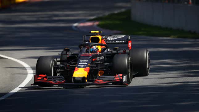 A photo of Pierre Gasly driving his Red Bull F1 car in Canada in 2019. 