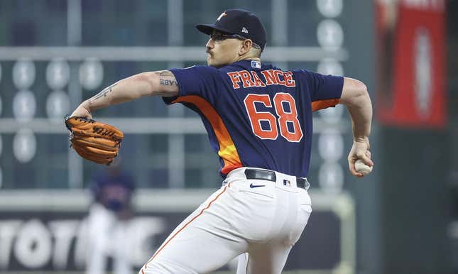 Sep 10, 2023; Houston, Texas, USA; Houston Astros starting pitcher J.P. France (68) pitches during the game against the San Diego Padres at Minute Maid Park.