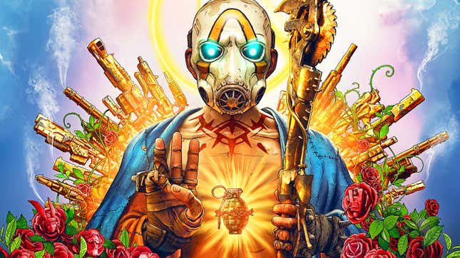 A bandit holds three fingers up while standing in front of a throne of guns in Borderlands 3 key art.