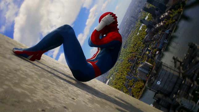 Peter Parker does some sit-ups on the side of a building.