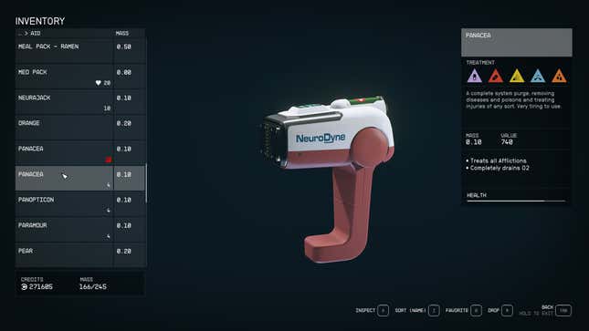 A screenshot of an Aid item in Starfield shows what afflictions it heals.