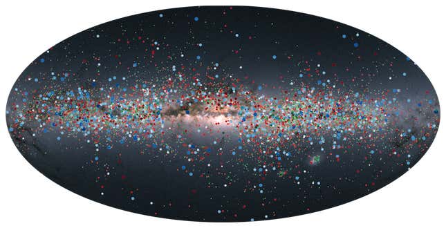 A cross-section of the Milky Way, with dots representing the different types of variable stars seen by Gaia.