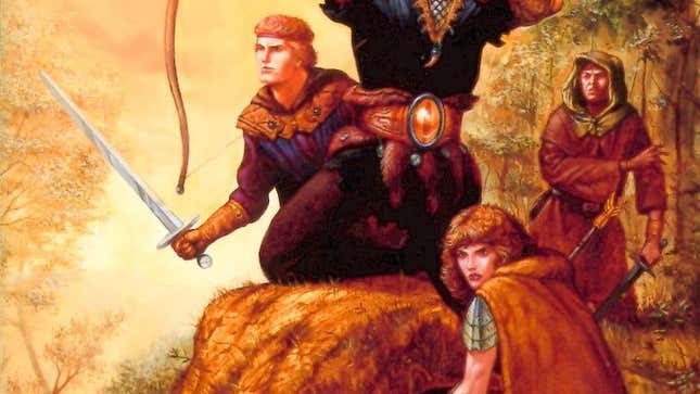 Jeff Easley's cover of the 1989 Dungeons and Dragons novel Shadowdale features a man with a sword kneeling on a rock and several characters in cloaks.