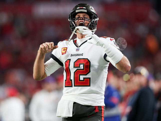 Jan 16, 2023; Tampa, Florida, USA; Tampa Bay Buccaneers quarterback Tom Brady (12) takes the field before a wild card game against the Dallas Cowboys at Raymond James Stadium.