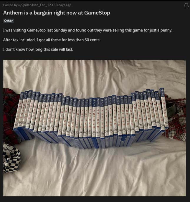 A Reddit user shares a photo of 37 copies of Anthem for PS4, which they presumably purchased for a single penny each.