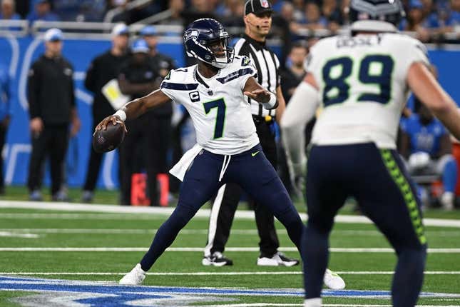Sep 17, 2023; Detroit, Michigan, USA; Seattle Seahawks quarterback Geno Smith (7) throws a pass against the Detroit Lions in the first quarter at Ford Field.