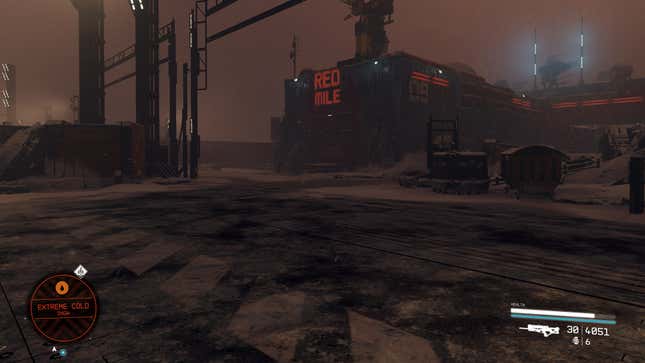 A screenshot of a planet in Starfield shows an extreme cold warning.