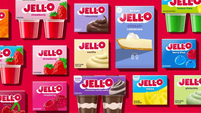 New Jell-O packages of gelatin and pudding featuring new logo and imagery