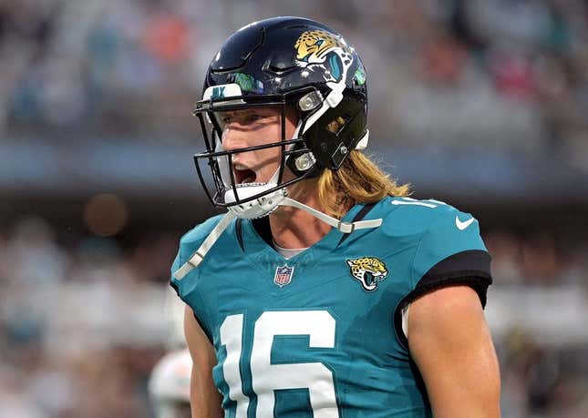 Aug 26, 2023; Jacksonville, Florida, USA; Jacksonville Jaguars quarterback Trevor Lawrence (16) reacts to a touchdown during the second quarter of the game against the Miami Dolphins at EverBank Stadium.