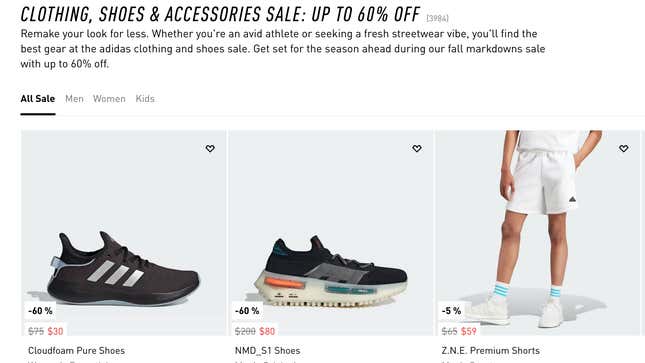 A screenshot of the Adidas website homepage showing the sale info