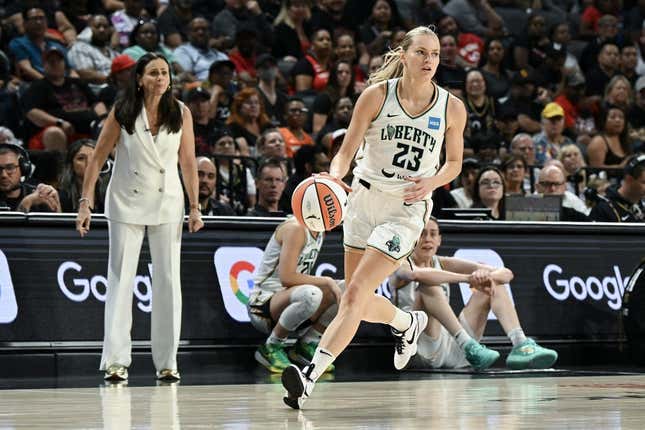 Aug 15, 2023; Las Vegas, Nevada, USA; New York Liberty guard Marine Johannes (23) dribbles up the court against the Las Vegas Aces at Michelob Ultra Arena.