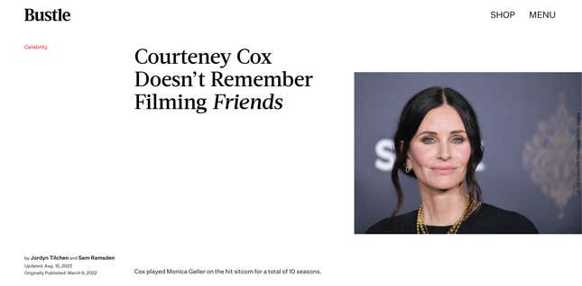 A screenshot of the Bustle article about Courteney Cox is shown.