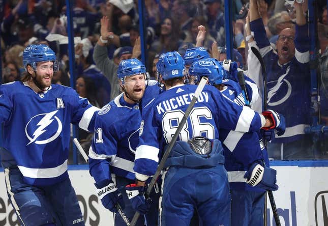 Tampa Bay Lightning center Brayden Point (21) celebrates his goal