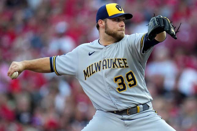 Milwaukee Brewers starting pitcher Corbin Burnes (39) delivers in the first inning during a baseball game between the Milwaukee Brewers and the Cincinnati Reds, Friday, July 14, 2023, at Great American Ball Park in Cincinnati.