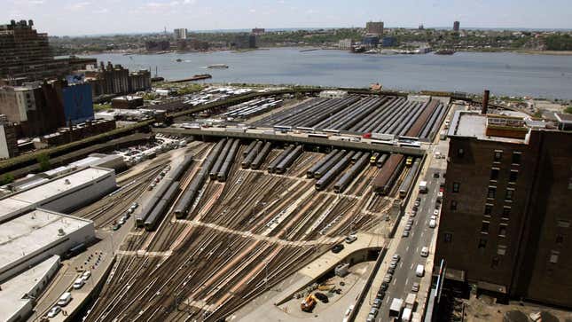 Trains lie on tracks in the Hudson Rail yards