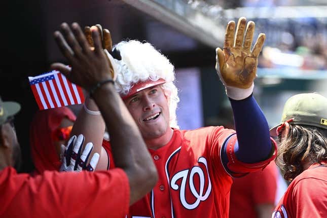 May 21, 2023; Washington, District of Columbia, USA; Washington Nationals catcher Riley Adams (15) is congratulated by teammates /after hitting a solo home run against the Detroit Tigers during the second inning at Nationals Park.
