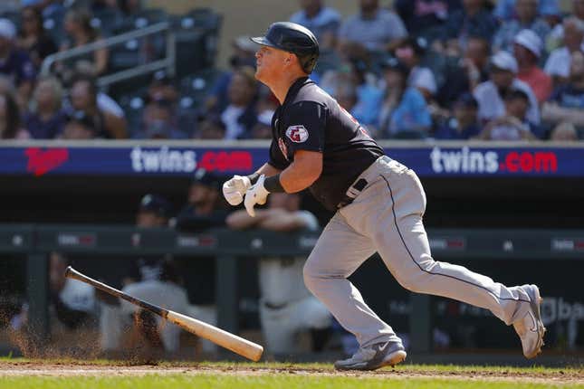 CLEVELAND, OH - AUGUST 06: Cleveland Guardians first baseman Kole Calhoun  (56) doubles during the fifth inning of the Major League Baseball game  between the Chicago White Sox and Cleveland Guardians on