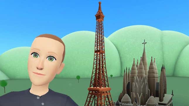 Image of Mark Zuckerberg's metaverse avatar in front of Eiffel Tower and Cathedral
