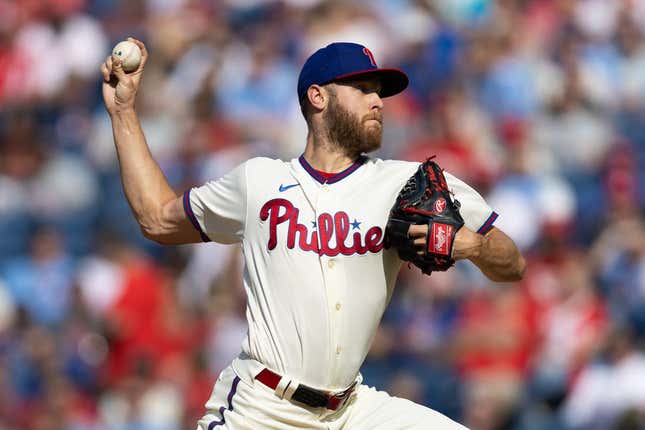 May 10, 2023; Philadelphia, Pennsylvania, USA; Philadelphia Phillies starting pitcher Zack Wheeler (45) throws a pitch during the second inning against the Toronto Blue Jays at Citizens Bank Park.